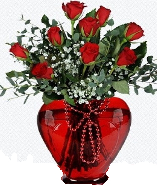 9 K�rm�z� g�l ve kalp vazo
